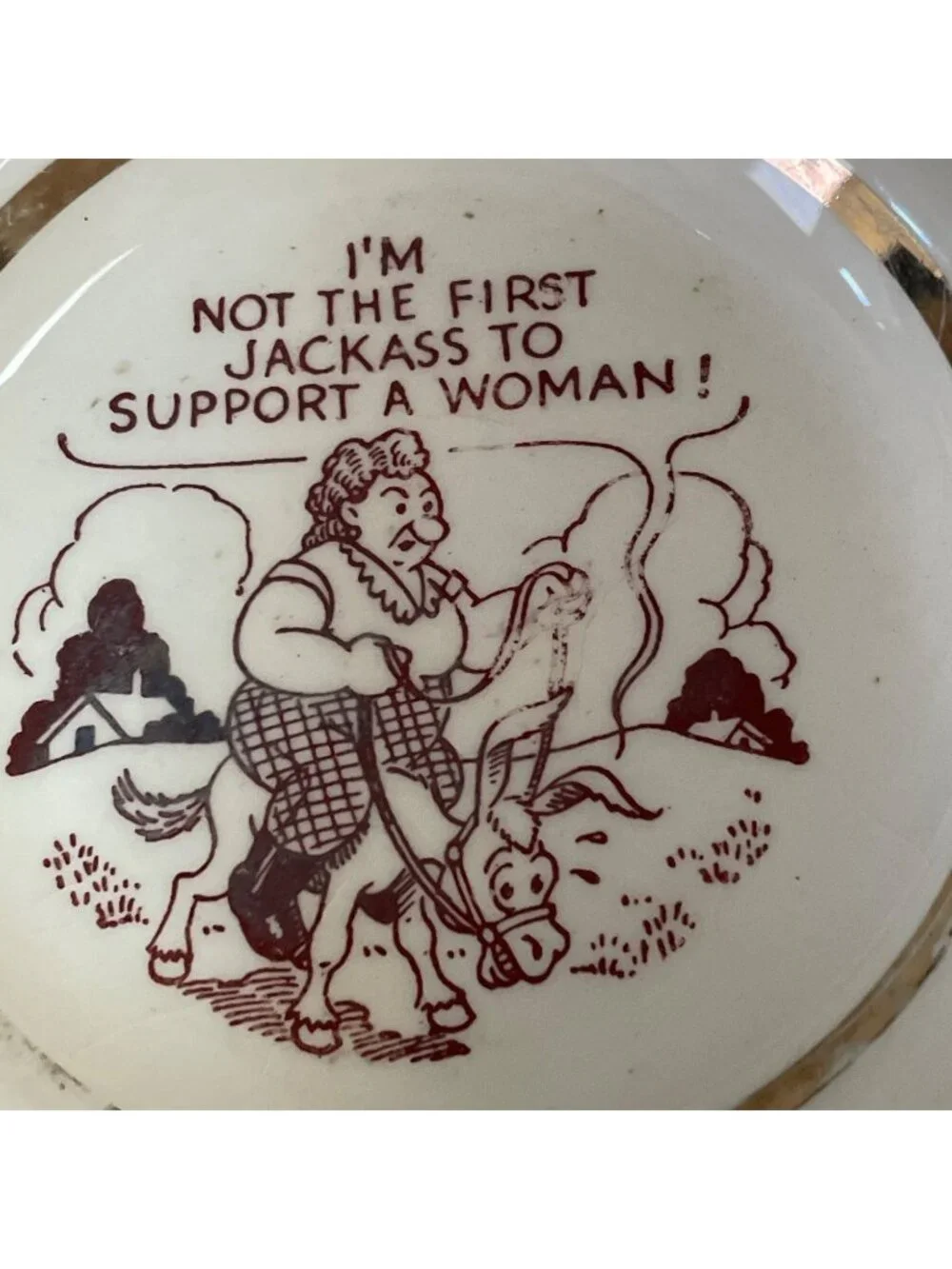 Vtg Pennsylvania Turnpike Souvenir Ceramic Ashtray w Adult Humor Donkey Woman